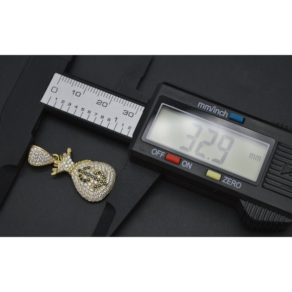 Real 10K Yellow Gold 32.9mm Black White CZ Dollar Sign Money Bag Pendant 3.0 gr - Picture 5 of 7